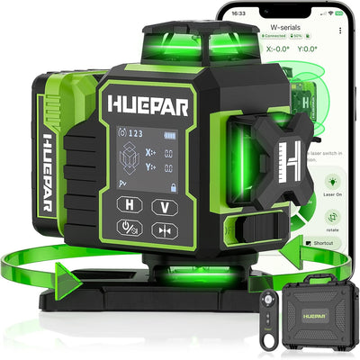 Huepar W03CG  W04CG 3D 12Lines 4D 16Lines Laser Level Bluetooth  Control 4x360 Green Beams Rotation Base Self Leveling Touch LCD Screen Rechargeable Battery IP54 Tiling Framing Ceiling Floor Installation