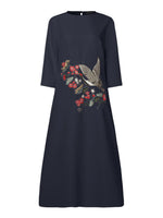 LinkMejor Women's Dresses Vintage Casual 3/4 Sleeve Round Neck Dress Floral Embroidery Split Shift Dresses