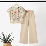 LinkMejor Women's 2pcs Suits Floral Short Sleeve O-Neck Top Elastic Waist Wide Leg Trousers Vintage Sets