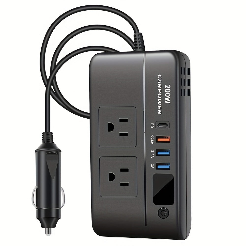 200W Car Inverter DC 12V to 110V AC Power Inverter for Car Charger Adapter with PD 20W USB-C Dual USB Ports and QC3.0 Fast Charging Port