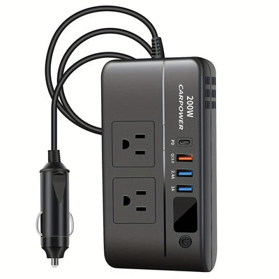 200W Car Inverter DC 12V to 110V AC Power Inverter for Car Charger Adapter with PD 20W USB-C Dual USB Ports and QC3.0 Fast Charging Port