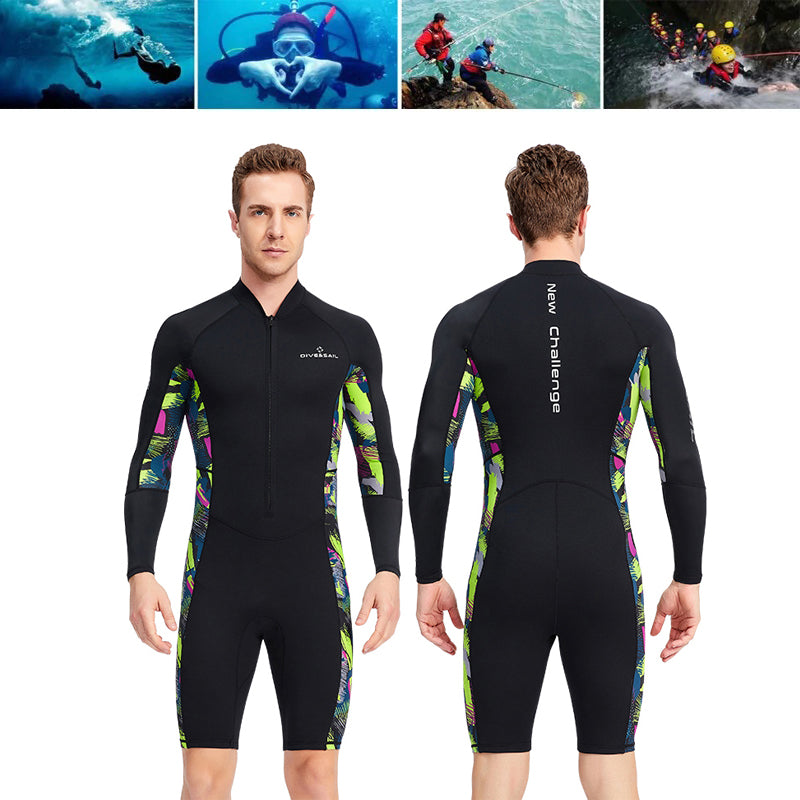 LinkMejor Men's 1.5mm Neoprene Shorty Wetsuit UV Resistant Front Zip Long Sleeve Diving Suit for Snorkeling Swimming Surfing