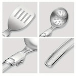 IPRee 6pcs Kitchen Accessories Multi-functional Folding Kitchenware Cookware Stainless Steel Portable Folding Soup Ladle, Perforated Spoon, Scraper, Spatula and Storage Bag