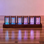 NIKOLATOY Full-Color Six-Tube Simulated LED Clock with Digital Ambient Light Creative Retro Walnut Wood RGB Glow Tube Clock Exquisite Desktop Ornaments