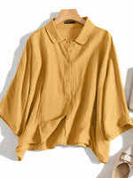 LinkMejor Cotton Solid Button Lapel Ruched Casual Blouse