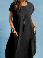 LinkMejor Plus Size Women Mid Long Dress Solid Pocket Short Sleeve Round Neck Cotton Casual Beach Midi Dress