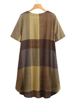 Women Vintage Plaid Print Button Front O-Neck Short Sleeve Loose Casual Shirt Dress With Pocket