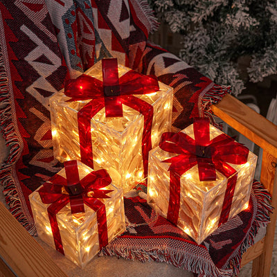 3 Sets Of Christmas Transparent Warm Light With Red Bow Christmas Gift Box LED Decorative Lights Warm Light for Christmas Tree Decorations