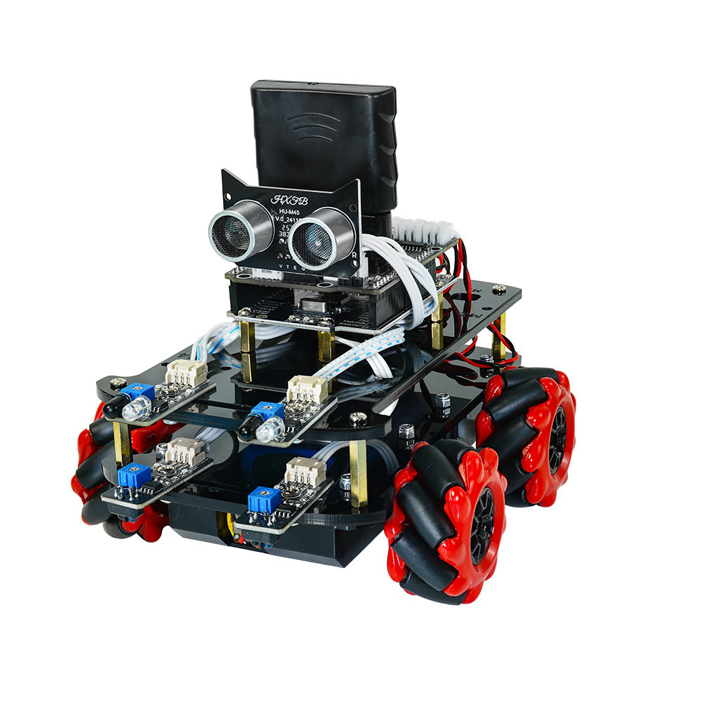 4WD Smart Robot Car Kit HU-011A DIY Mecanum Wheel Programmable Chassis Infrared Tracking Ultrasonic Avoidance Bluetooth Remote Control Coding
