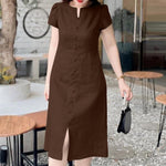 LinkMejor Women's Dresses Vintage Front Split Solid O-Neck Short Sleeve Dress