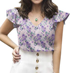 LinkMejor Women's Blouse Vintage Shirt Summer Ruffle Short Sleeve V-Neck Floral Loose Hot Selling Style Top Pullover