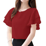 LinkMejor Women Fashion Short Sleeve Ruffles Blouse Elegant Office OL Shirt Casual O Neck Solid Tops