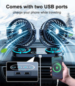 Fusika 12V 24V Dual Head Car Fan Dual USB Ports Brushless Motor 3 Speed Adjustment Auto Oscillation Universal Vehicle Cooling Fan