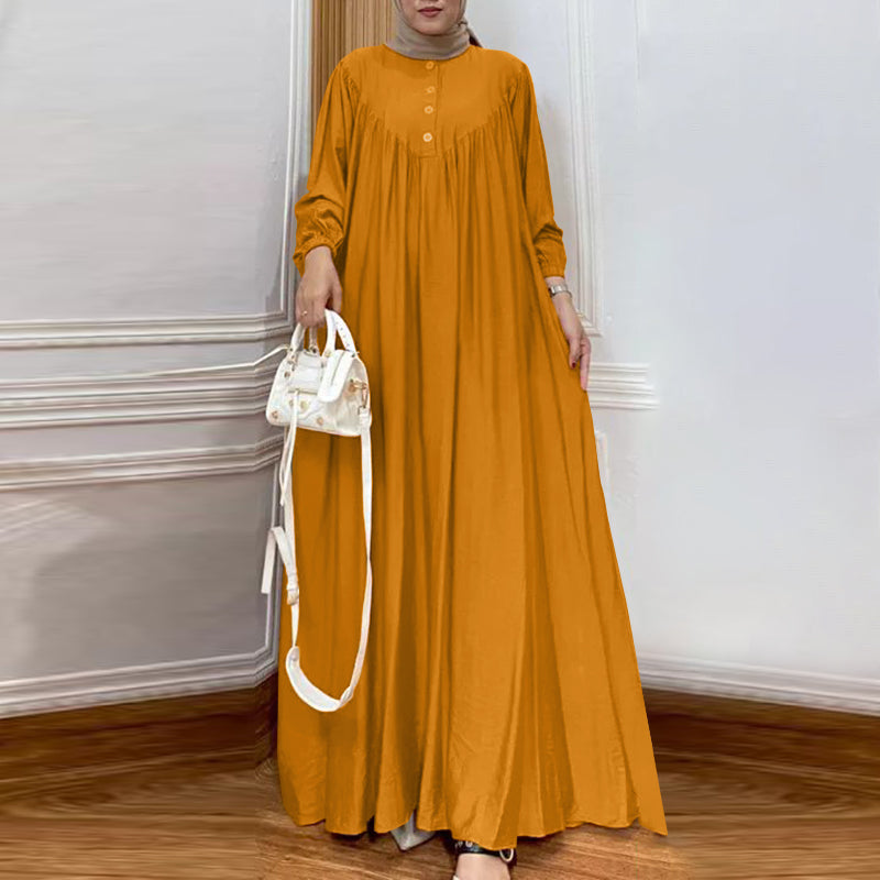 LinkMejor Women Abaya Casual Maxi A-Line Sundress Kaftans Lantern Sleeve O-Neck Plain Dress