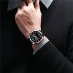 LinkMejor Simple Business Men Quartz Watch Comfortable Leather Strap Waterproof Auto Date Wristwatch