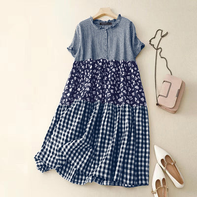LinkMejor Women Loose Patchwork Check Floral Dress Stylish Short Sleeve Pleated Crew Neck Shirt Dress for Women Plus Size