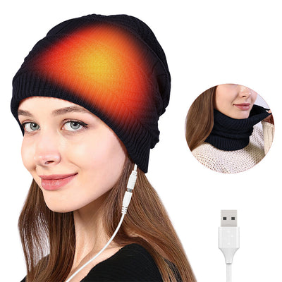LinkMejor 2 In 1 Electric Heating Hat Scarf Rechargeable Thermal Washable Hat Soft Knitted Winter Warm Scarf for Head Neck