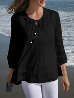 LinkMejor Women's Shirt Solid Lace Blouse Eyelet Lace Patchwork 3/4 Length Sleeve Top Summer Daily Casual Shirts