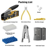 RJ45 Crimp Tool Kit Cat6 Cat5e Network Cable Tester Pass Through Connectors Wire Cutter Mini Stripper Strain Relief Boots 1000m Test Distance Crimping Cutting Stripping Tools