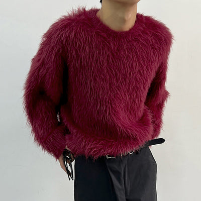 LinkMejor Men's Solid Color Sweater Casual Comfy Oversized Faux Fur Long Sleeve Sweater Plus Size Crew Neck Pullover Sweater for Men Fall Winter