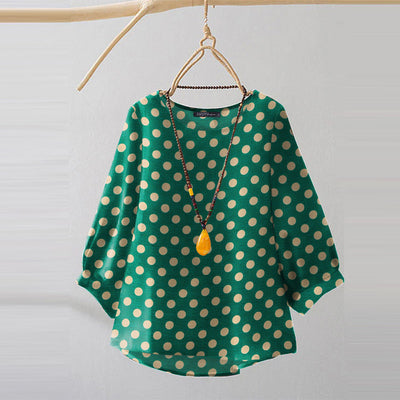 LinkMejor Women Summer Casual 3/4 Sleeve Blouses O Neck Polka Dot Loose Ladylike Shirt Top