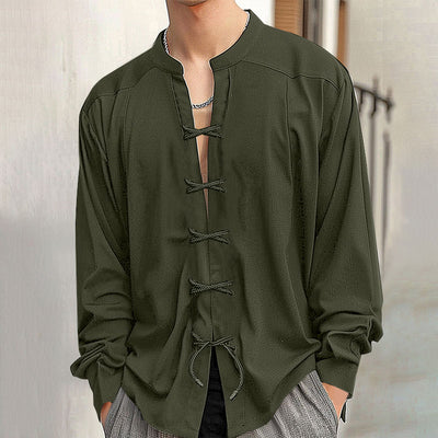LinkMejor Mens V Neck Long Sleeve Shirt Fashion Solid Color Lace Up Top Shirt for Male