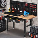 LinkMejor 60" Adjustable Height Workbench With Drawers Rubberwood Top Pegboard Power Outlets 28" To 40" 2000 Lbs Heavy Duty Work Table