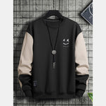 ChArmkpR Mens Smile Face Print Contrast Patchwork Pullover Sweatshirts