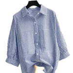 LinkMejor Women's Striped Shirt Summer 3/4 Sleeve Lantern Sleeve Front Pockets Casual Blouse Top