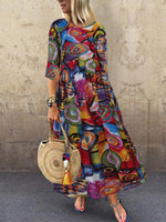 LinkMejor Women Retro Graffiti Print Round Neck Pleated Casual Beach Maxi Dresses