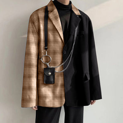 LinkMejor Mens Plaid Patchwork Long Sleeve Blazer Two-tone Stylish Casual Suit Outwear for Spring Fall