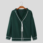 LinkMejor Mens Twist Patchwork V-Neck Long Sleeve T-Shirt Fashion Solid Color Drawstring Design Tshirt