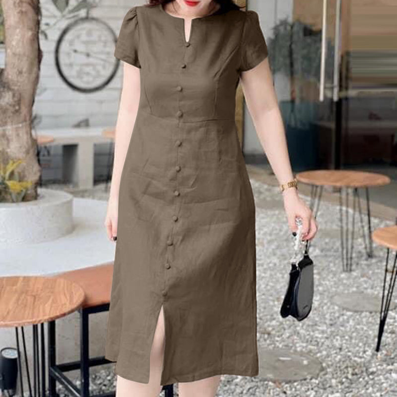LinkMejor Women's Dresses Vintage Front Split Solid O-Neck Short Sleeve Dress