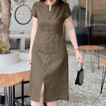 LinkMejor Women's Dresses Vintage Front Split Solid O-Neck Short Sleeve Dress
