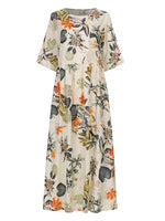 LinkMejor Plus Size Women Beach Long Dress Retro Floral Printed Round Neck Three Quarter Sleeve Pleated Beach Maxi Dresses