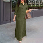 LinkMejor Women's Dresses Turn-Down-Collar 3/4 Sleeve Elegant Office Side Split Plain Maxi Shirt Dress