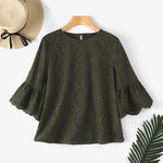 LinkMejor Women Korean Casual Shirt Daily Embroidery Hollow Ruffle Sleeve Blouses