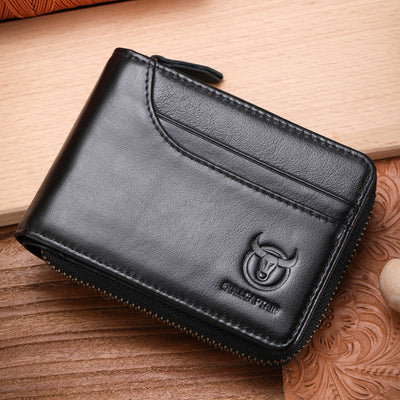LinkMejor Men Short Wallet RFID Blocking Card Holder Cowhide Coin Purse Retro Genuine Leather Clutch Zipper Male Money Bags