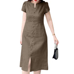 LinkMejor Women's Dresses Vintage Front Split Solid O-Neck Short Sleeve Dress