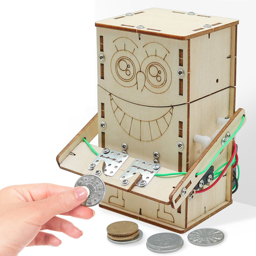 Wooden DIY Electric Powered Coin Eating Robot Puzzle Assembly Technology Small Production Creative Invention Mechanical Science Toy