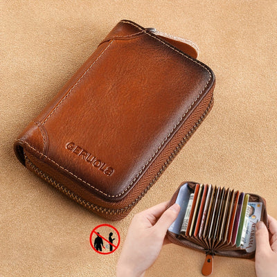 Ekphero RFID Blocking Genuine Leather Men's Card Holder, Vintage Cowhide Leather Large Capacity Multi-card Slot Short Credit Card Bag, Driver's License Leather Card Case,Money Clips Mini Bag for Men