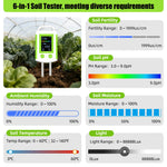 6 in 1 Soil PH Meter Fertility Moisture Light Temperature Humidity Tester High Precision Rotatable LCD Screen Garden Greenhouse Sensor