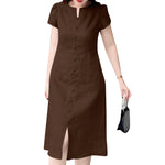 LinkMejor Women's Dresses Vintage Front Split Solid O-Neck Short Sleeve Dress