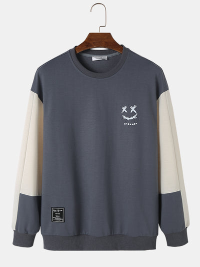 ChArmkpR Mens Smile Face Print Contrast Patchwork Pullover Sweatshirts