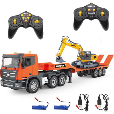 HuiNa Toys 1319 RTR 1/24 2.4G 9CH RC Car Excavator Flat Trailer Flatbed Semi Truck Remote Control Simulation Sound LED Light Engineering Construction Vehicles Models Children's Birthday Gift for Boys