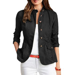 LinkMejor Womens Fashion Button Down Front Side Pocket Outwear Casual Long Sleeve Stand Collar Jackets