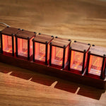 NIKOLATOY Full-Color Six-Tube Simulated LED Clock with Digital Ambient Light Creative Retro Walnut Wood RGB Glow Tube Clock Exquisite Desktop Ornaments