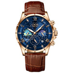 LinkMejor Waterproof Luminous Men's Quartz Watch Leather Strap Sports Wristwatch Male Business Casual Watch Auto Calendar