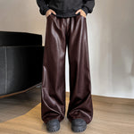 LinkMejor Mens Solid Color Leather Wide-Leg Pant Casual Elastic Waist Straight Legged Pants