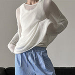LinkMejor Mens Relaxed Fit Hollow Knit Long Sleeve T-Shirt Soft Drape Fabric Slightly See-through Tshirt Top
